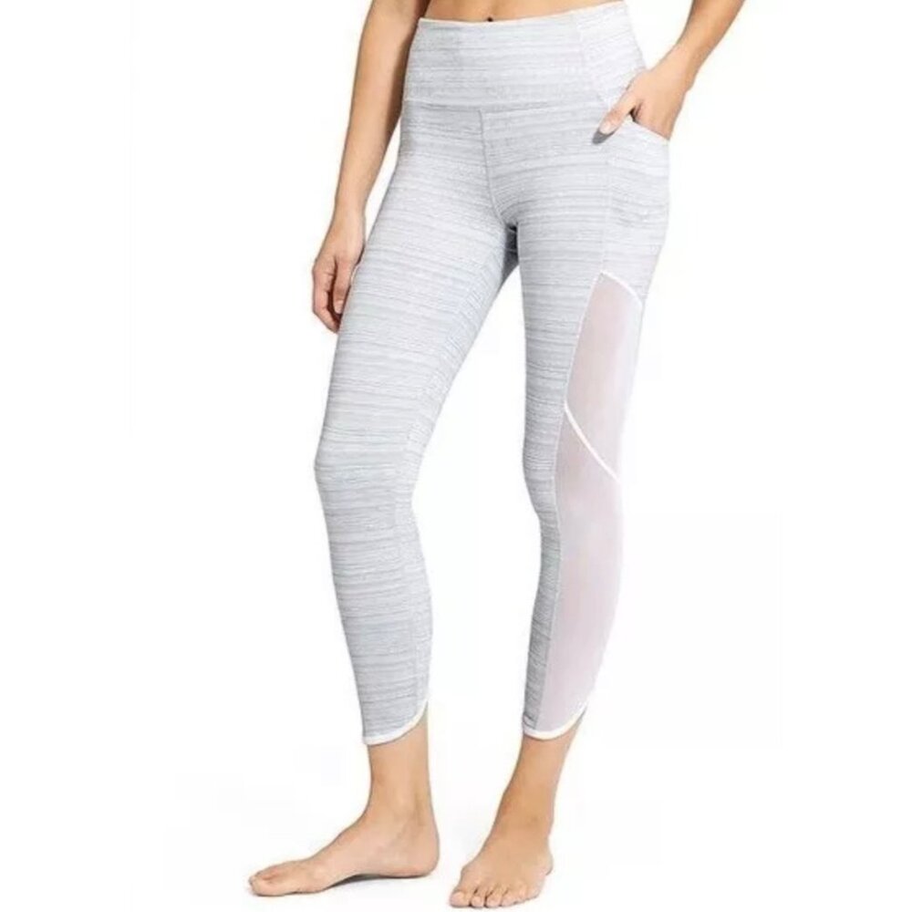 ATHLETA Silver + White Chaturanga Jacquard Mesh Leg Women’s Crop Leggings Size L
